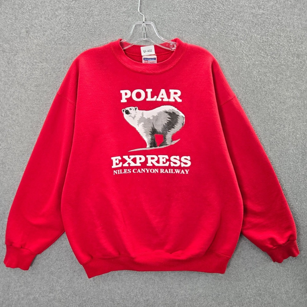 VINTAGE Polar Express Men Sweatshirt Large Red Niles Canyon Railway‎ Pullover